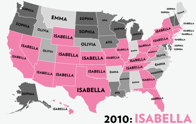 Illustration for article titled Map: Six Decades of the Most Popular Names for Girls, State-by-State